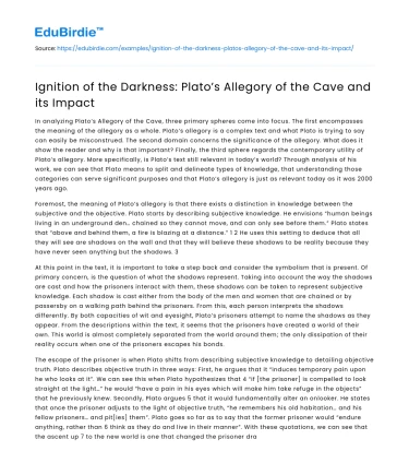 Ignition of the Darkness: Plato’s Allegory of the Cave and its Impact