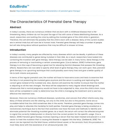 The Characteristics Of Prenatal Gene Therapy