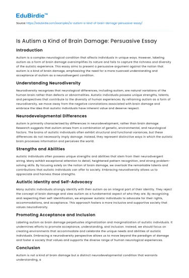 Is Autism a Kind of Brain Damage: Persuasive Essay