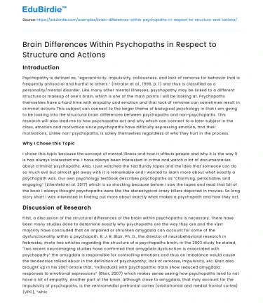 Brain Differences Within Psychopaths in Respect to Structure and Actions