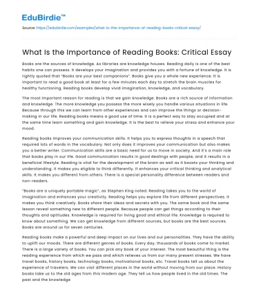What Is the Importance of Reading Books: Critical Essay