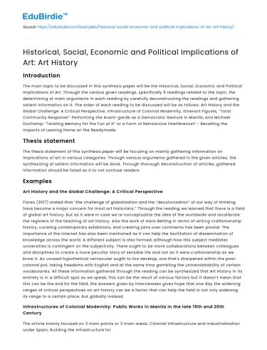 Art History: Historical, Social, Economic, Political Implications