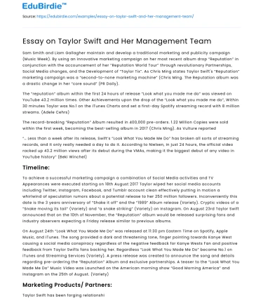 Essay on Taylor Swift and Her Management Team