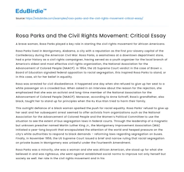 Rosa Parks and the Civil Rights Movement: Critical Essay