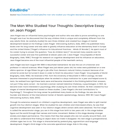 The Man Who Studied Your Thoughts: Descriptive Essay on Jean Piaget
