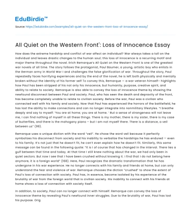All Quiet on the Western Front’: Loss of Innocence Essay