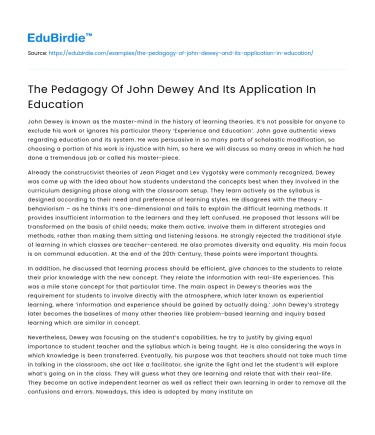 The Pedagogy Of John Dewey And Its Application In Education