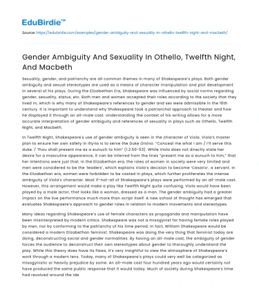 Gender Ambiguity And Sexuality In Othello, Twelfth Night, And Macbeth