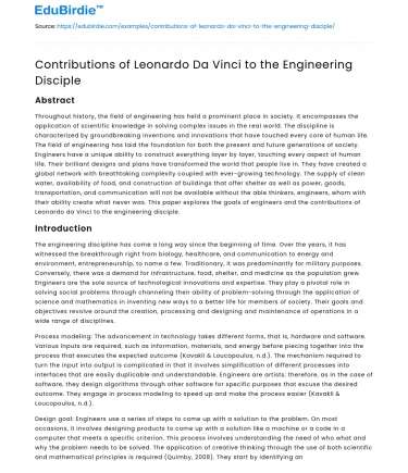 Contributions of Leonardo Da Vinci to the Engineering Disciple