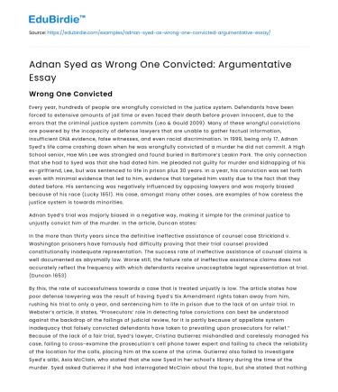 Adnan Syed as Wrong One Convicted: Argumentative Essay