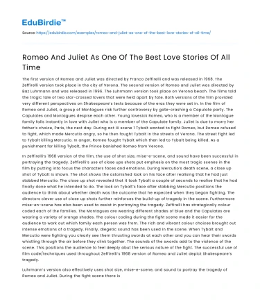 Romeo And Juliet As One Of The Best Love Stories Of All Time