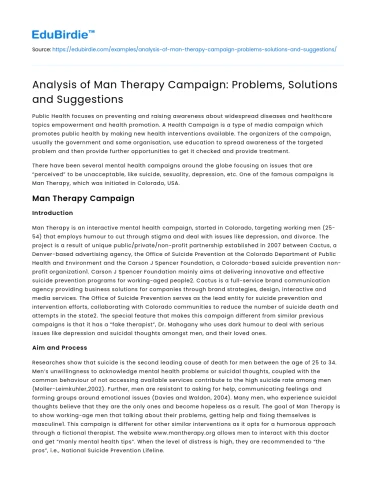 Analysis of Man Therapy Campaign: Problems, Solutions and Suggestions