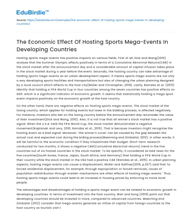 The Economic Effect Of Hosting Sports Mega-Events In Developing Countries