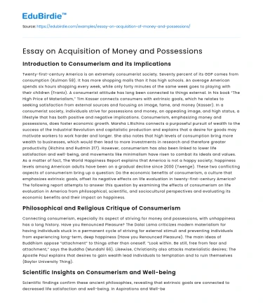 Essay on Acquisition of Money and Possessions