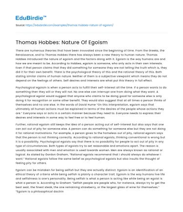 Thomas Hobbes: Nature Of Egoism