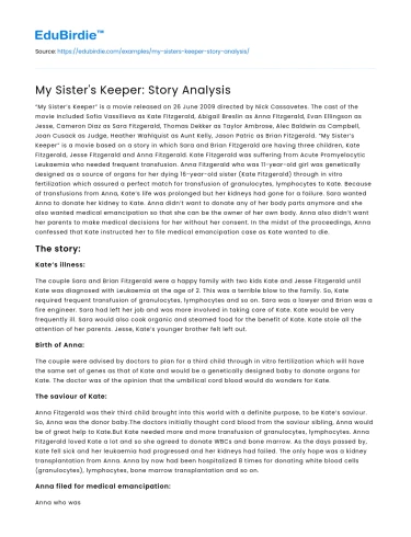 My Sister’s Keeper: Story Analysis
