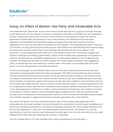Essay on Effect of Boston Tea Party and Intolerable Acts