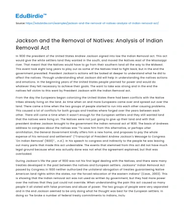 Jackson and the Removal of Natives: Analysis of Indian Removal Act