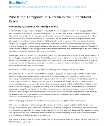 Who Is the Antagonist in ‘A Raisin in the Sun’: Critical Essay