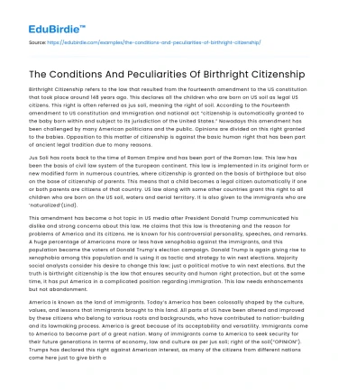 The Conditions And Peculiarities Of Birthright Citizenship