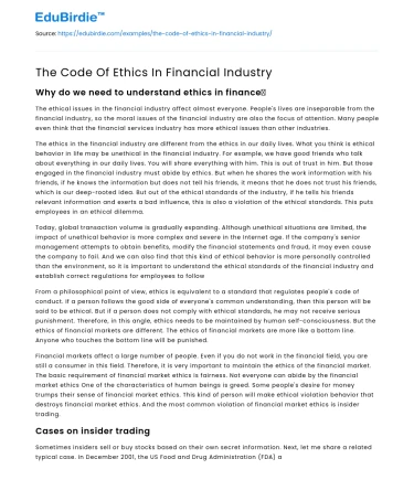 The Code Of Ethics In Financial Industry