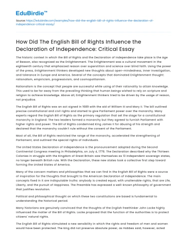 English Bill of Rights Influence on the Declaration of Independence
