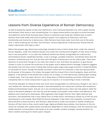 Lessons from Diverse Experience of Roman Democracy