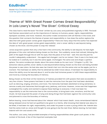 Power & Responsibility in ‘The Giver’