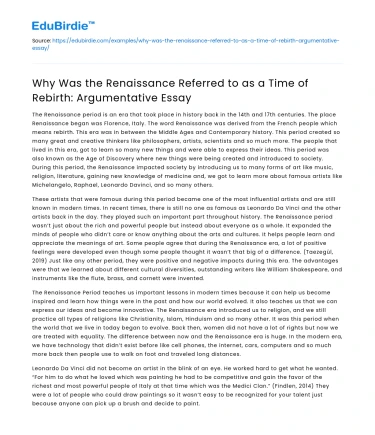 Renaissance: Time of Rebirth – Argumentative Essay