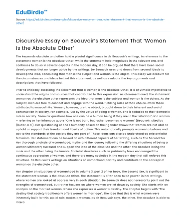 Beauvoir’s ‘Woman Is the Absolute Other’ Discursive Essay