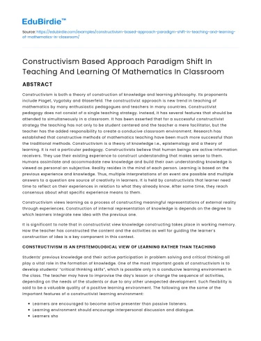 Constructivism Shifts Math Teaching in Classroom