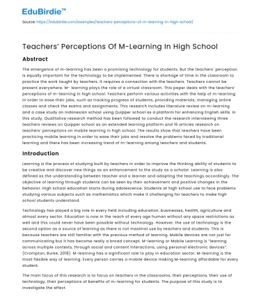 Teachers’ Perceptions Of M-Learning In High School