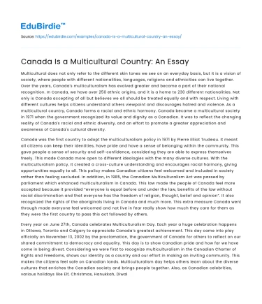 Canada Is a Multicultural Country: An Essay