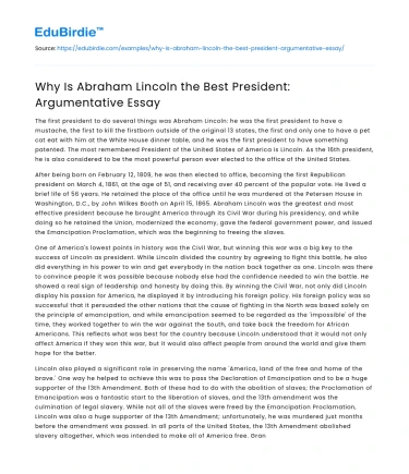 Why Is Abraham Lincoln the Best President: Argumentative Essay