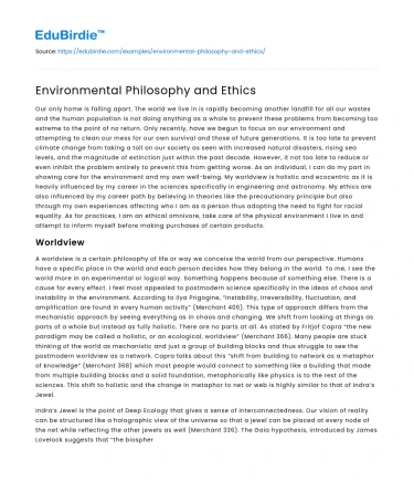 Environmental Philosophy and Ethics