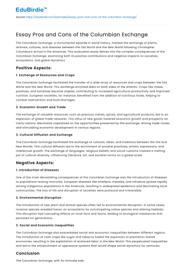 Essay Pros and Cons of the Columbian Exchange