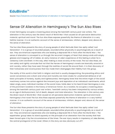 Sense Of Alienation In Hemingway’s The Sun Also Rises