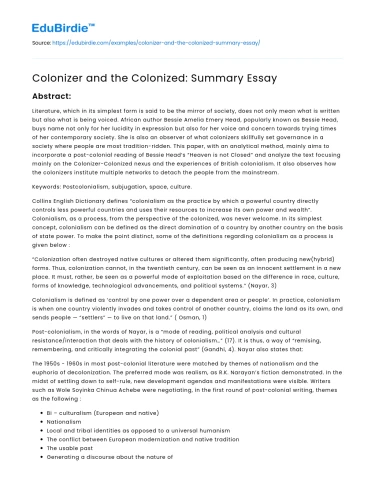 Colonizer and the Colonized: Summary Essay