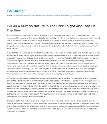 Evil As A Human Nature In The Dark Knight And Lord Of The Flies