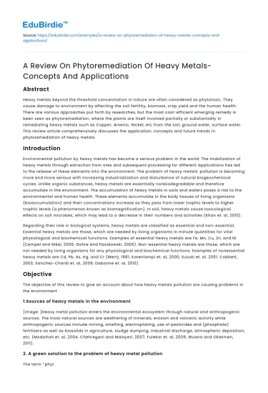 A Review On Phytoremediation Of Heavy Metals-Concepts And Applications