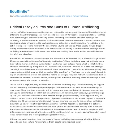 Critical Essay on Pros and Cons of Human Trafficking