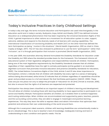 Today’s Inclusive Practices in Early Childhood Settings
