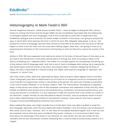 Historiography in Mark Twain’s 1601