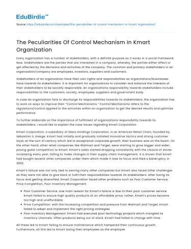 The Peculiarities Of Control Mechanism In Kmart Organization