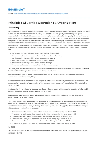 Principles Of Service Operations & Organization