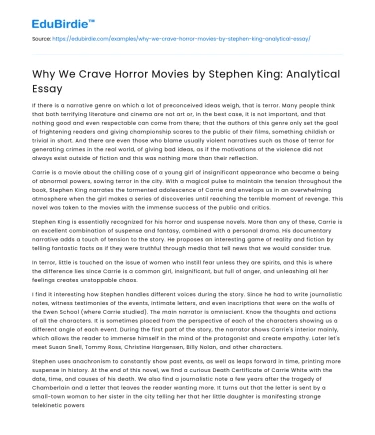 Why We Crave Horror Movies by Stephen King: Analytical Essay