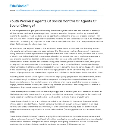 Youth Workers: Agents Of Social Control Or Agents Of Social Change?