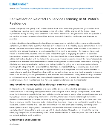 Self Reflection Related To Service Learning In St. Peter’s Residence