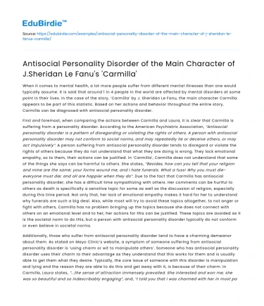 Antisocial Personality Disorder in ‘Carmilla’ by J Sheridan Le Fanu