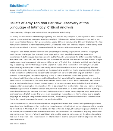Amy Tan’s Beliefs and Language of Intimacy: Critical Analysis